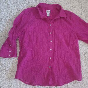 Chico’s Size XL Button Front Blouse Magenta Floral Burnout 3/4 Sleeve Top